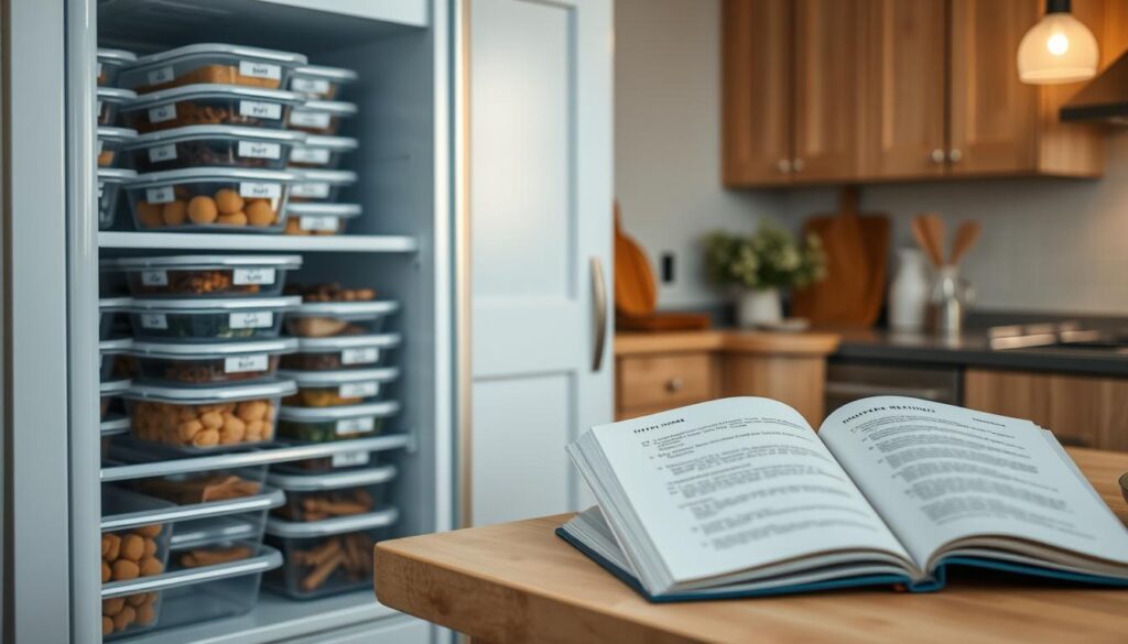 A cozy, minimal kitchen with wooden textures and light blue accents. In the foreground, a neatly organized freezer with stacks of meal containers, each labeled with the contents and date. The middle ground showcases various freezing techniques - vacuum sealing, portioning into serving sizes, and carefully wrapping dishes. In the background, a cookbook open to a page about proper reheating methods, accompanied by a steaming plate of a freshly reheated freezer meal. The lighting is soft and warm, creating a welcoming atmosphere for efficient meal prep.