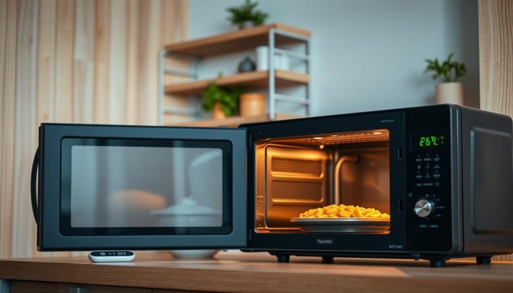 A cozy, minimal kitchen with wooden textures and light blue accents. In the foreground, a microwave oven with a frozen meal package placed inside, its contents visible through the glass door. Soft, warm lighting illuminates the scene, creating a comforting atmosphere. The middle ground features a clean, uncluttered countertop, with a digital kitchen thermometer nearby, emphasizing the importance of safely reheating the frozen meal. The background showcases simple, understated shelves adorned with a few plants, adding a touch of natural elements to the composition. The overall scene conveys a sense of efficiency and care in the process of reheating frozen meals.