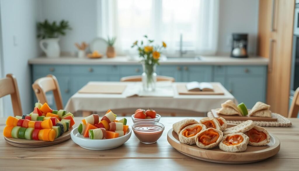 A cozy minimal kitchen with wooden textures and light blue accents. In the foreground, a bright array of kid-friendly cold lunch items - colorful fruit skewers, vegetable pinwheels, mini sandwiches with fun shapes, and dipping sauces in small bowls. The middle ground features a wooden table with a simple linen tablecloth, natural fiber placemats, and a small vase of fresh flowers. The background showcases a bright, airy ambiance with soft natural lighting filtering through sheer curtains, creating a warm and inviting atmosphere.