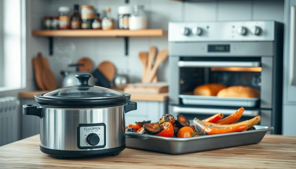 A cozy, minimal kitchen with wooden textures and light blue accents. In the foreground, a slow cooker simmers with a hearty stew, its fragrant steam wafting through the air. Next to it, a metal baking tray holds a selection of roasted vegetables, their caramelized edges glistening under the warm, soft lighting. In the middle ground, shelves display an array of spices, oils, and other culinary essentials, while the background features a large oven, its door slightly ajar, revealing the golden-brown crust of a freshly baked loaf of bread. The scene evokes a sense of comforting, homemade cuisine, with a focus on the dual techniques of slow cooking and oven-based preparation.