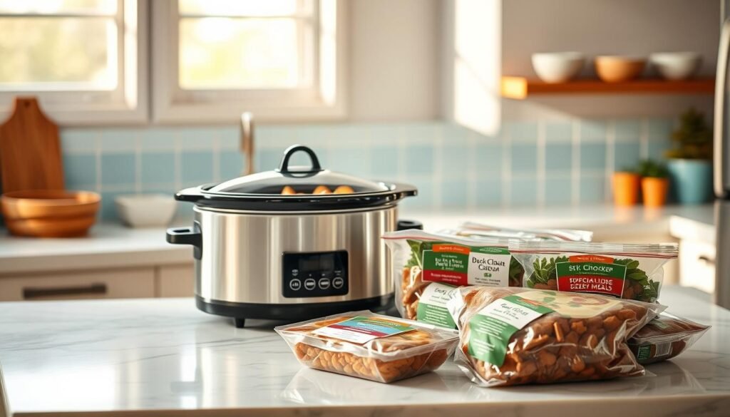 A cozy, minimal kitchen with wooden textures and light blue accents. In the foreground, a slow cooker sits atop a sleek, marble countertop, its lid slightly ajar, revealing the contents within. Surrounding the slow cooker, a selection of neatly packaged freezer meals, their labels clearly visible, showcasing a variety of homemade, nutritious dishes. The scene is bathed in warm, natural lighting, creating a welcoming and inviting atmosphere, perfect for highlighting the ease and convenience of batch-cooked, special diet-friendly meals.