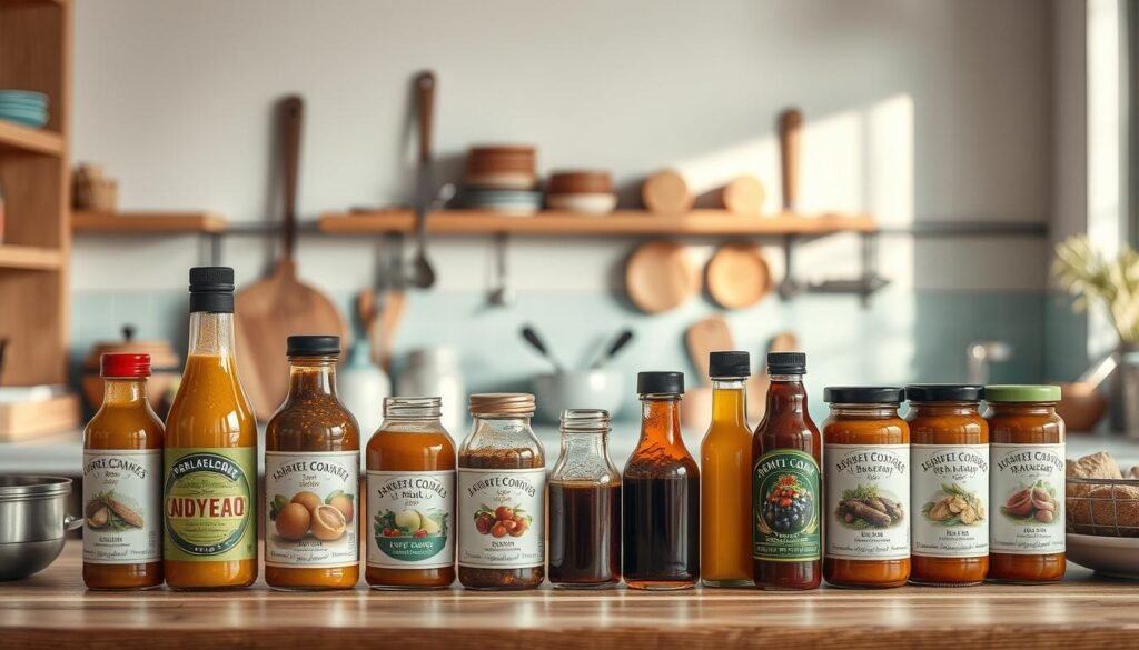 A cozy, minimal kitchen with wooden textures and light blue accents. In the foreground, an array of expertly curated sauces and condiments, each with a distinct label and unique flavor profile. In the middle ground, a collection of utensils, bowls, and cooking implements, suggesting the careful preparation of these culinary masterpieces. The background features a softly lit, serene atmosphere, with gentle shadows and highlights that create a sense of depth and atmosphere. The overall mood is one of culinary expertise, thoughtful curation, and a passion for transforming simple ingredients into extraordinary dishes.