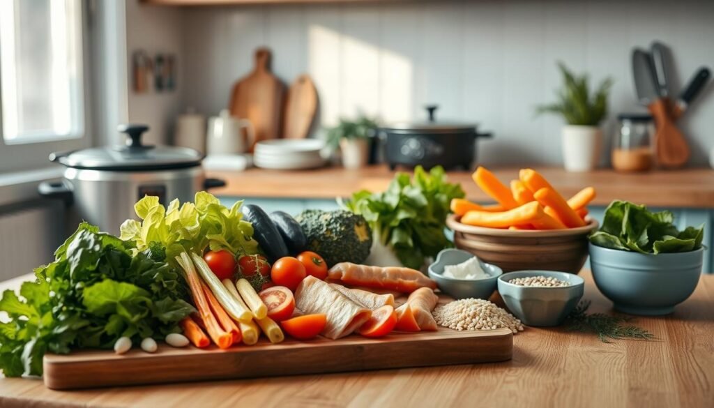 A cozy, minimal kitchen with wooden textures and light blue accents. In the foreground, an assortment of fresh, wholesome ingredients - crisp vegetables, lean proteins, and wholesome grains - neatly arranged on a wooden cutting board. The middle ground features efficient meal prep tools like a slow cooker, a chopping board, and a set of sharp knives, all within easy reach. In the background, a serene, uncluttered counter with a plant or two, suggesting a stress-free, organized environment. Soft, natural lighting illuminates the scene, creating a calming, inviting atmosphere. No hands are visible, conveying a sense of effortless, efficient meal preparation.