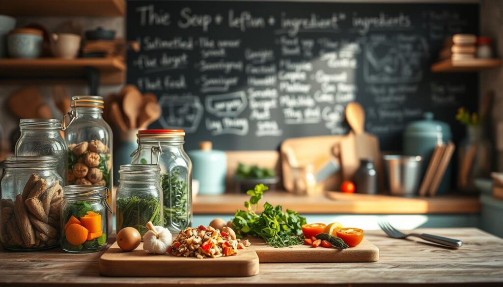 A cozy, minimal kitchen with wooden textures and light blue accents. In the foreground, an array of repurposed jars, containers, and utensils, showcasing creative ways to store and use leftover ingredients. In the middle ground, a cutting board with partially used vegetables, herbs, and spices, hinting at the potential for flavorful dishes. The background features a chalkboard wall, with hastily scribbled meal ideas and ingredient combinations, inspiring the viewer to think outside the box when it comes to maximizing leftovers. Warm, diffused lighting casts a soft glow, evoking a sense of culinary experimentation and resourcefulness.