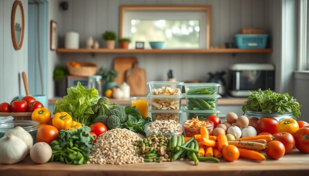 A cozy, minimal kitchen with wooden textures and light blue accents. In the foreground, an assortment of fresh, vibrant ingredients - vegetables, grains, and proteins - neatly arranged, signifying the preparation for a batch cooking session. In the middle ground, various reusable containers and meal prep tools, hinting at the efficiency and organization of this process. In the background, a window floods the space with natural light, casting a warm, inviting glow and emphasizing the healthful, homemade nature of the scene. The overall mood is one of calm, intentionality, and the benefits of planning ahead for delicious, nourishing meals.