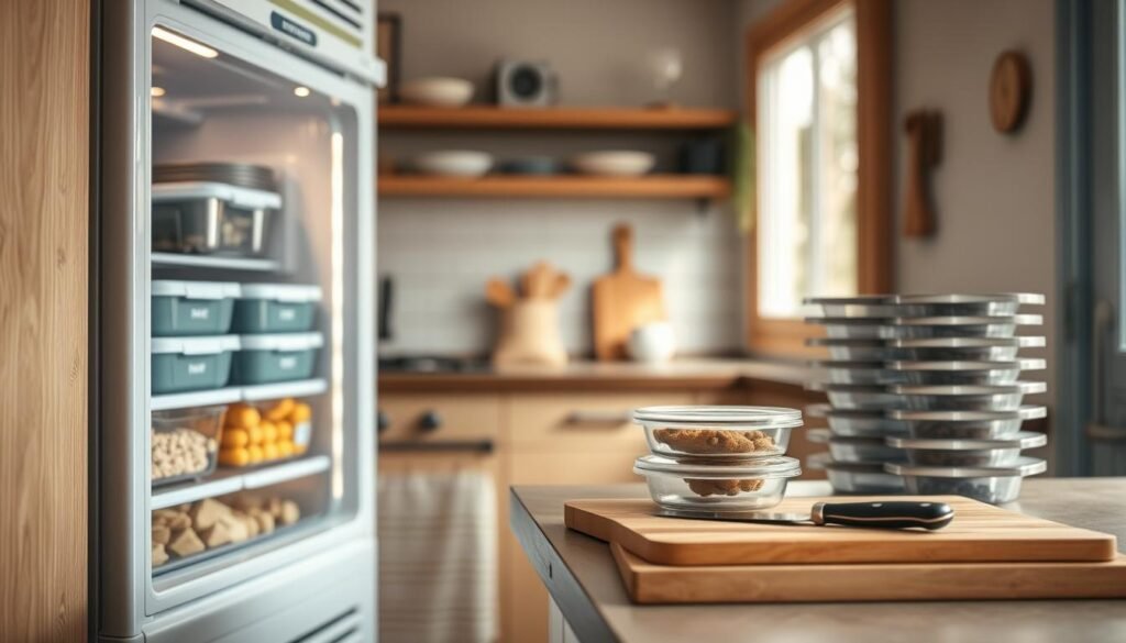 A cozy, minimal kitchen with wooden textures and light blue accents. In the foreground, an open freezer showcases neatly organized storage containers, their contents clearly labeled. The middle ground highlights a cutting board, a sharp knife, and a stack of meal prep containers, conveying a sense of intentional food preparation. The background features a window with natural light, casting a warm glow and highlighting the careful attention to food safety practices. The scene exudes a sense of order, efficiency, and a commitment to preserving the quality and nutritional value of home-cooked meals.