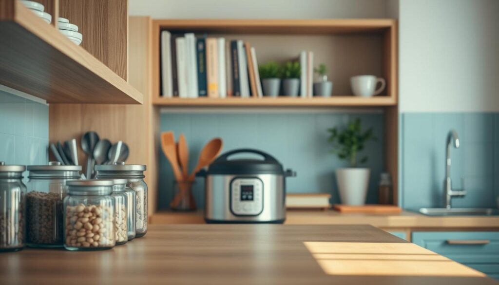 A cozy, minimal kitchen with wooden textures and light blue accents. In the foreground, neatly organized glass containers, spice jars, and cooking utensils sit on a sleek countertop. In the middle ground, a compact appliance like a slow cooker or Instant Pot stands ready for meal prep. The background features open shelving displaying a row of cookbooks and a few potted herbs. Soft, directional lighting illuminates the scene, creating a warm, inviting atmosphere perfect for efficient meal planning and organization.