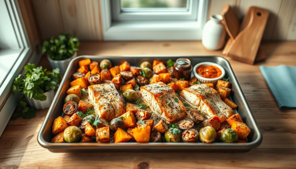 A cozy, minimal kitchen with wooden textures and light blue accents. On a large sheet pan, an array of globally-inspired ingredients - sizzling salmon fillets, roasted vegetables like sweet potatoes and Brussels sprouts, fragrant herbs, and colorful sauces. Soft, natural lighting highlights the textures and aromas, creating an inviting, homemade atmosphere. The composition is balanced, allowing the different elements to shine while hinting at the endless possibilities of transforming these simple sheet pan components into delicious, international meals.