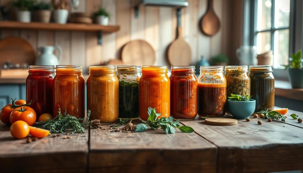 A cozy, minimal kitchen with wooden textures and light blue accents. On a rustic wooden table, an array of sauce-filled glass jars, each with a unique blend of flavors. Fresh herbs, spices, and seasonal produce surround the jars, hinting at the creative pairings within. The lighting is soft and warm, casting a gentle glow over the scene, inviting the viewer to explore the possibilities of these culinary combinations. The focus is on the sauces, each one a distinct work of art, waiting to be discovered and enjoyed with a variety of meals.