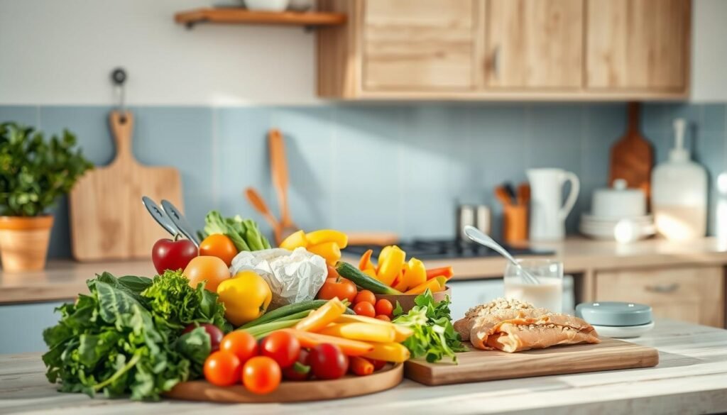 A cozy, minimal kitchen with wooden textures and light blue accents. On the counter, a variety of fresh, colorful ingredients - crisp vegetables, ripe fruits, lean proteins, and whole grains. Spatulas, whisks, and a cutting board hint at the preparation of a well-balanced meal. Soft, diffused lighting illuminates the scene, creating a serene and inviting atmosphere. The arrangement conveys a sense of intentional meal planning, with each element thoughtfully considered for optimal nutrition and flavor. The overall impression is one of a nourishing, harmonious dining experience.