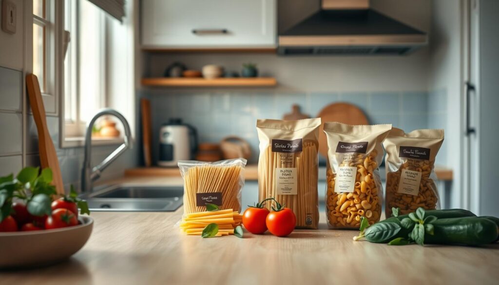 A cozy, minimal kitchen with wooden textures and light blue accents. On the counter, an assortment of gluten-free pasta varieties, including spaghetti, penne, and fusilli, neatly arranged. Nearby, fresh produce like tomatoes, basil, and zucchini, hinting at the vibrant, allergy-friendly recipes to come. The warm, natural lighting casts a soft glow, creating an inviting atmosphere for culinary experimentation and nourishing meals.