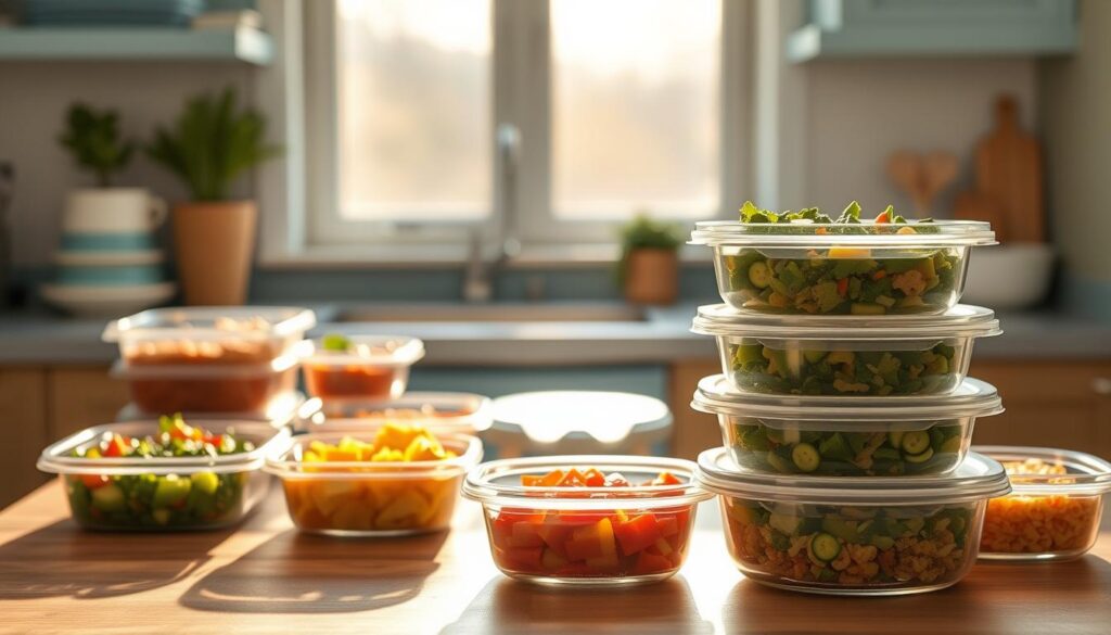 A cozy, minimal kitchen with wooden textures and light blue accents. On the counter, an assortment of neatly organized containers, each filled with a different make-ahead meal. The scene is bathed in warm, natural lighting, casting a soft glow and highlighting the vibrant colors of the fresh ingredients. In the foreground, a stack of meal prep bowls, their contents visible through the transparent lids, showcasing the texture and flavor of the homemade dishes. In the background, a serene view through a window, suggesting the convenience and time-saving benefits of these make-ahead family meals.