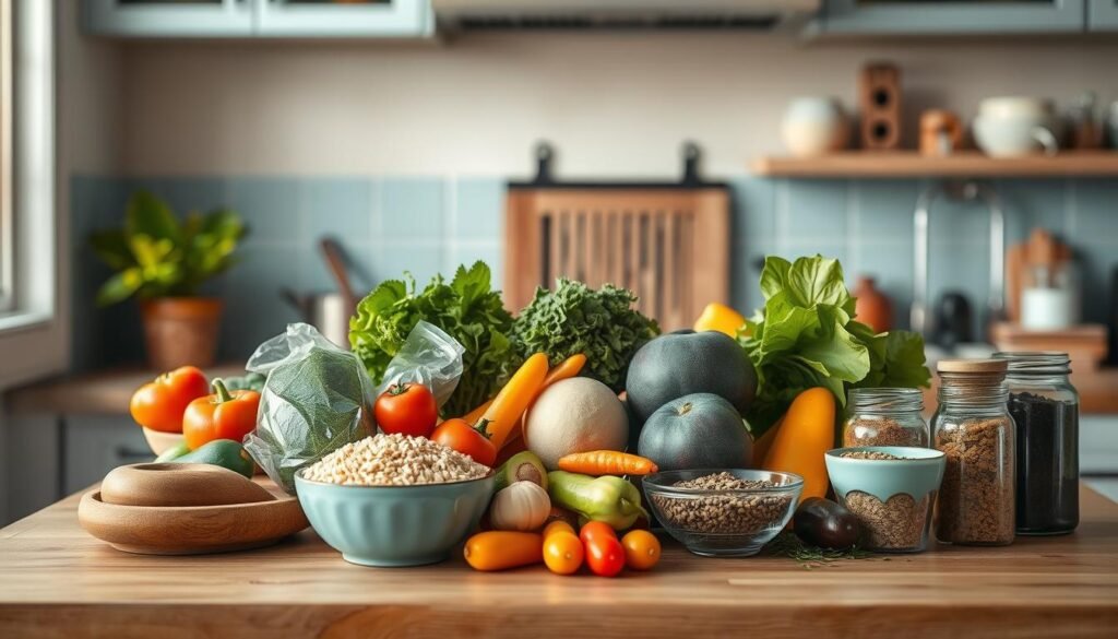 A cozy, minimal kitchen with wooden textures and light blue accents. On the counter, an assortment of flexible meal components: colorful vegetables, whole grains, lean proteins, and jars of herbs and spices. The ingredients are neatly arranged, inviting experimentation and customization. Soft, natural lighting casts a warm glow, highlighting the textures and colors. The scene conveys a sense of organization, creativity, and the potential for delicious, balanced meals. No hands are visible, emphasizing the focus on the ingredients themselves.