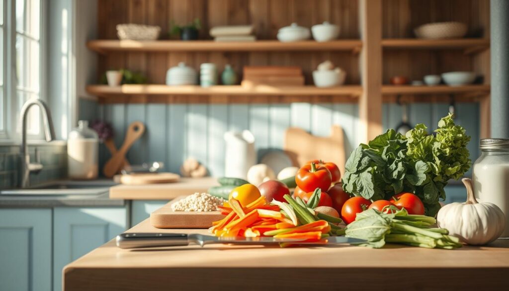 A cozy, minimal kitchen with wooden textures and light blue accents. On the counter, an array of allergy-friendly ingredients - fresh produce, gluten-free grains, and dairy-free milk alternatives. A chef's knife slices through crisp vegetables, their vibrant colors contrasting against the neutral palette. Sunlight streams through the window, casting a warm glow over the scene. The atmosphere is one of calm organization, a testament to the care and attention put into preparing a nourishing, allergy-safe meal. No hands are visible, suggesting the preparation is in progress, ready to be portioned out for the week ahead.