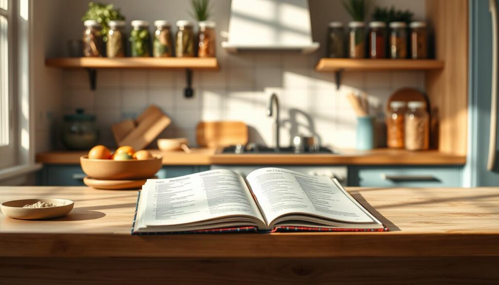 A cozy, minimal kitchen with wooden textures and light blue accents. On the counter, an open recipe book displays various allergy-friendly meal options, accompanied by neatly arranged ingredients. The scene is bathed in warm, natural lighting, highlighting the simplicity and intentionality of the selection process. Jars of herbs and spices line the shelves, providing a soothing ambiance. The overall atmosphere conveys a sense of care and consideration for the dietary needs of the family.
