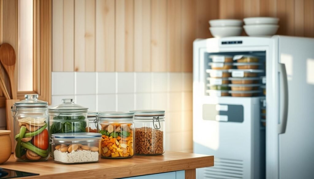 A cozy, minimal kitchen with wooden textures and light blue accents. On the counter, glass containers filled with various ingredients, neatly arranged. In the background, a compact freezer with labeled meal containers, ready for future use. The scene exudes a sense of organization and efficiency, reflecting a well-executed batch cooking strategy. Soft, natural lighting illuminates the space, creating a calming atmosphere. The image conveys the idea of a thoughtful, mix-and-match approach to family dinners, with an emphasis on meal preparation and storage.