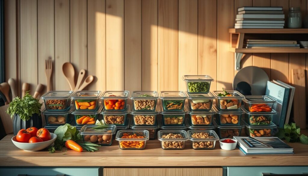 A cozy, minimal kitchen with wooden textures and light blue accents. On the counter, various meal prep containers filled with healthy, home-cooked dishes neatly arranged in a grid. Fresh vegetables, herbs, and spices surround the containers, hinting at the ingredients used. The warm, natural lighting casts a soft glow, emphasizing the simplicity and organization of the batch cooking setup. Utensils and cookbooks are strategically placed, conveying a sense of intentionality and mindful meal planning. The overall atmosphere is one of efficiency, nourishment, and a harmonious approach to portion control and serving sizes.