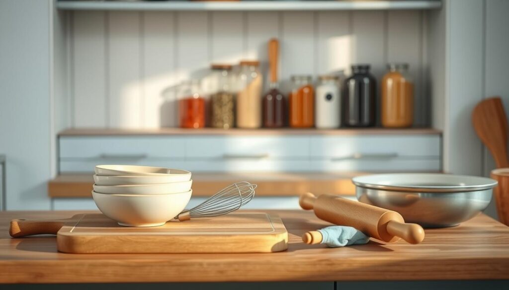 A cozy, minimal kitchen with wooden textures and light blue accents. On the counter, various cooking implements are neatly arranged - a cutting board, a set of nested bowls, a whisk, and a rolling pin. In the background, herbs and spices in glass jars line the shelves, casting warm shadows. The scene exudes a sense of order and efficiency, hinting at the practical tips and tricks for batch cooking that are about to be shared. The lighting is soft and natural, creating a welcoming atmosphere for the viewer to imagine themselves implementing these mealtime strategies.