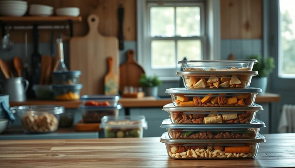 A cozy, minimal kitchen with wooden textures and light blue accents. On the counter, various meal prep containers, chopping boards, and kitchen utensils are neatly arranged. In the foreground, a stack of plastic containers filled with homemade meals, ready to be frozen and stored for busy weeknights. The lighting is soft and natural, highlighting the textures and colors of the ingredients. In the background, a window provides a glimpse of the outdoors, creating a calming atmosphere. The overall scene conveys a sense of organization, efficiency, and a thoughtful approach to meal planning and preparation.