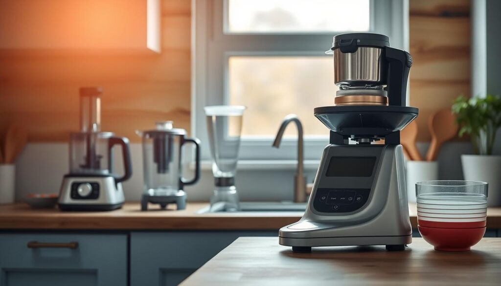 A cozy, minimal kitchen with wooden textures and light blue accents. On the counter, various time-saving kitchen tools are neatly arranged: a multifunction food processor, a high-speed blender, a precision digital kitchen scale, and a set of nested mixing bowls. The kitchen is bathed in soft, natural lighting that filters in through a large window, casting a warm glow over the scene. The overall atmosphere is one of efficiency and organization, reflecting the 