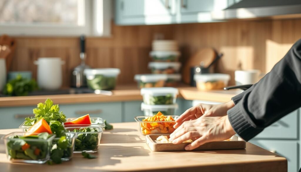 A cozy, minimal kitchen with wooden textures and light blue accents. On the countertop, a variety of chopped vegetables, neatly organized containers, and a few cooking utensils. In the foreground, a person's hands efficiently preparing a meal, demonstrating time-saving batch cooking techniques like meal prepping, portioning, and batch-cooking staples. The warm, natural lighting casts gentle shadows, creating a tranquil atmosphere conducive to productivity. The overall scene conveys a sense of organization, efficiency, and the satisfaction of a well-planned, time-saving meal prep routine.