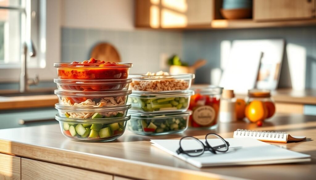 A cozy, minimal kitchen with wooden textures and light blue accents. On the countertop, a set of stackable glass containers holding homemade enchilada sauce, shredded chicken, and diced vegetables. A clean, organized meal planning station with a notepad, calendar, and a pair of reading glasses. Soft, natural lighting illuminates the scene, casting warm shadows and highlighting the textures. The overall atmosphere is one of thoughtful preparation and anticipation for a delicious, nourishing family dinner.