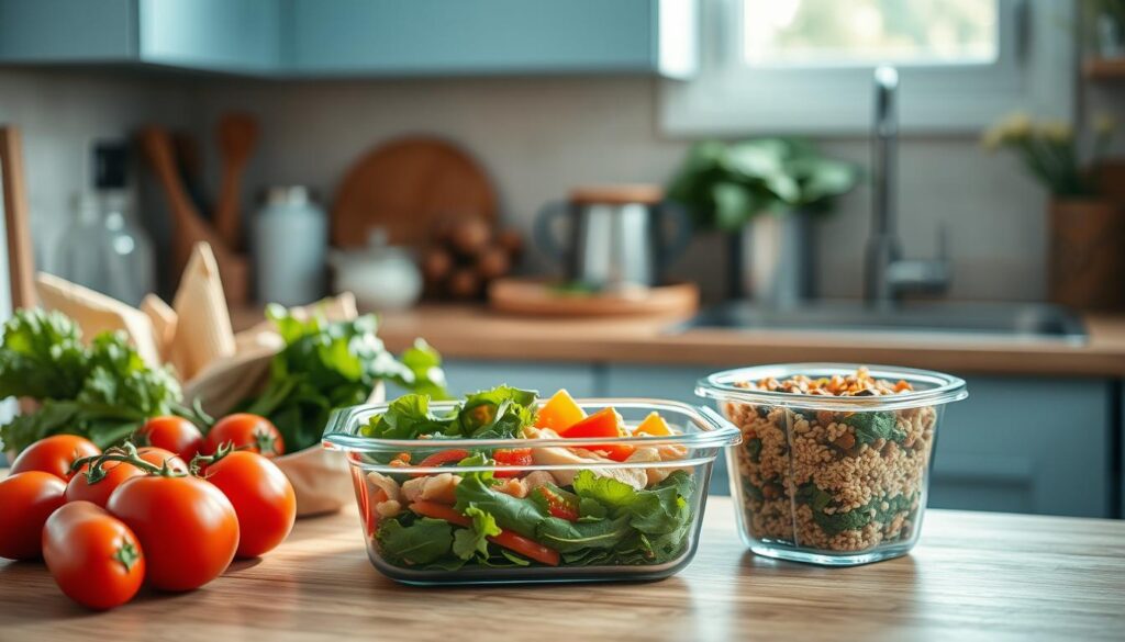A cozy, minimal kitchen with wooden textures and light blue accents. On the countertop, an array of fresh, vibrant ingredients - crisp greens, juicy tomatoes, lean protein, and whole grains. A glass meal prep container filled with a colorful, balanced meal stands ready, its contents reflecting the principles of quick, healthy eating. Soft, natural lighting illuminates the scene, casting a warm, inviting glow. The atmosphere exudes efficiency, practicality, and a mindful approach to nourishing the body.