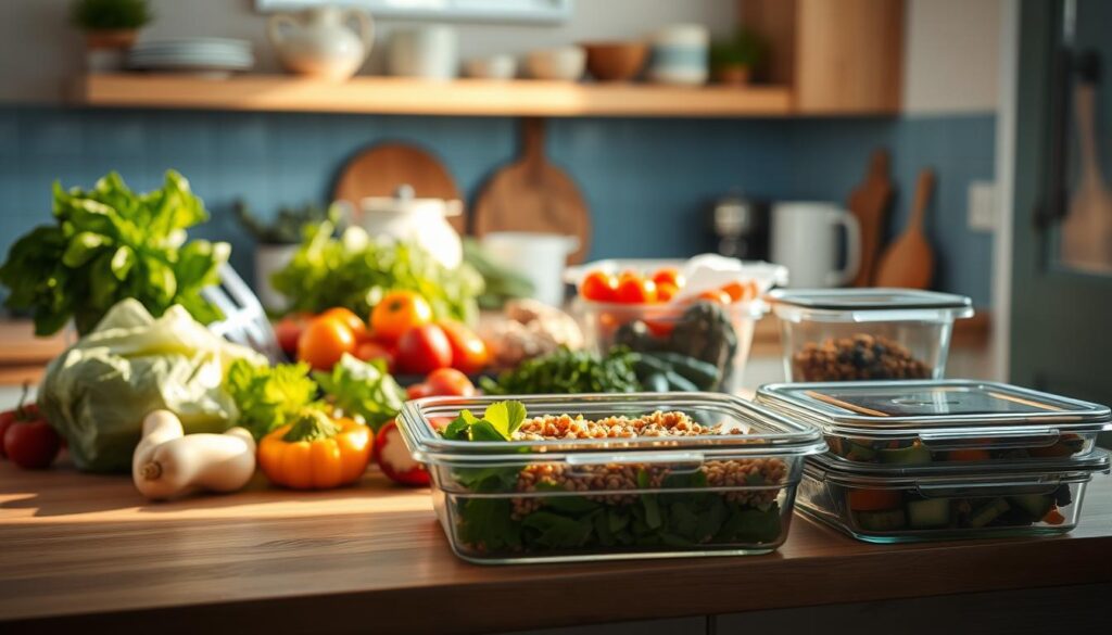 A cozy, minimal kitchen with wooden textures and light blue accents. On the countertop, an array of fresh vegetables, grains, and lean proteins, meticulously arranged for a sustainable meal prep session. Soft, natural lighting illuminates the scene, casting a warm glow over the neatly organized ingredients. In the foreground, a set of glass meal prep containers awaits, ready to hold the nutritious, homemade dishes that will fuel the day. The atmosphere is one of calm efficiency, reflecting the mindful approach to batch cooking for a healthy, eco-friendly lifestyle.