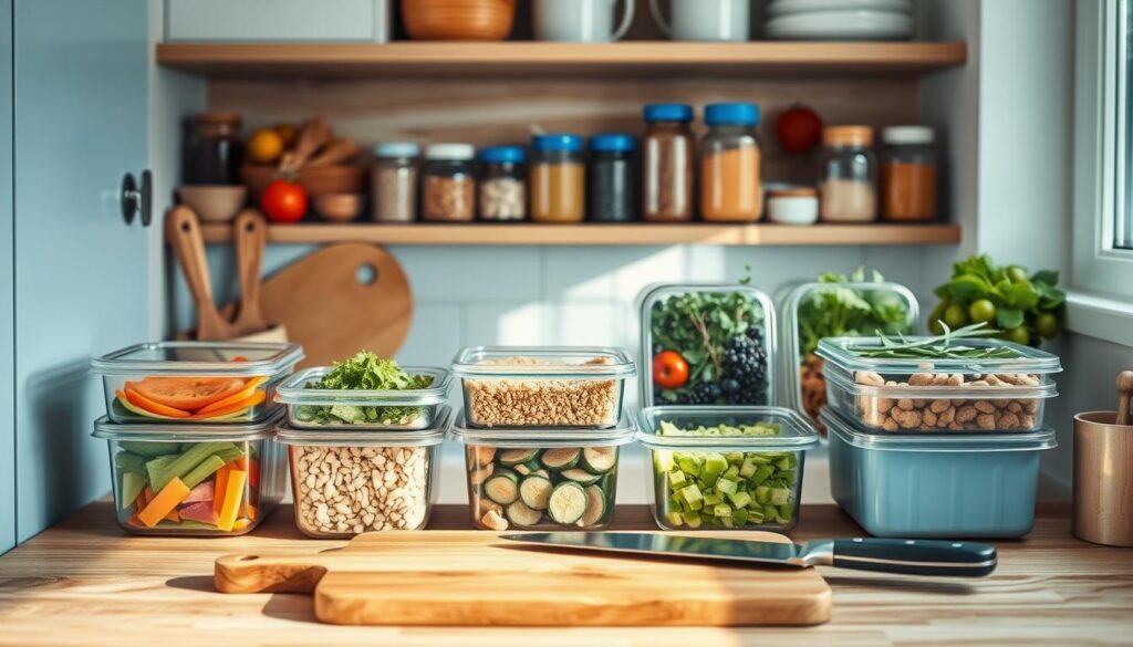 A cozy, minimal kitchen with wooden textures and light blue accents. On the countertop, an array of meal prep containers filled with freshly chopped vegetables, grains, and protein sources. Jars of spices and condiments line the shelves, while a cutting board and chef's knife sit neatly in the foreground. The scene is bathed in soft, natural lighting, creating a calming, organized atmosphere that reflects the efficient, time-saving nature of batch cooking for a busy lifestyle.