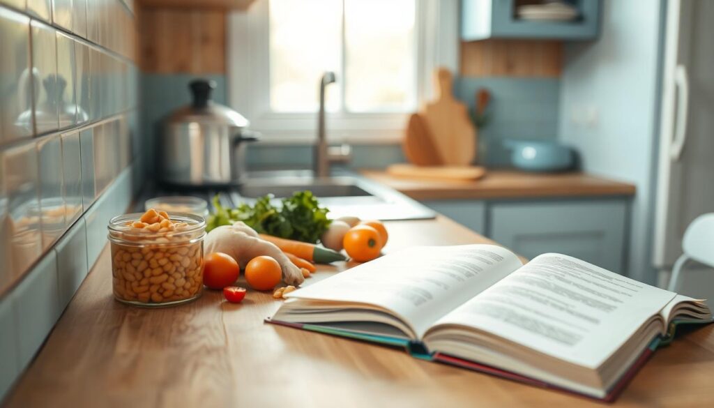 A cozy, minimal kitchen with wooden textures and light blue accents. On the countertop, an assortment of leftover ingredients, each waiting to be transformed - a half-used can of beans, a few stray vegetables, a lonely chicken thigh. Nearby, a well-worn cookbook lies open, its pages filled with ideas to breathe new life into these forgotten scraps. The soft, natural lighting casts a warm glow, evoking a sense of culinary potential and budget-friendly ingenuity. No hands are present, allowing the viewer to envision themselves as the resourceful chef, ready to turn these leftovers into a delicious, money-saving meal.