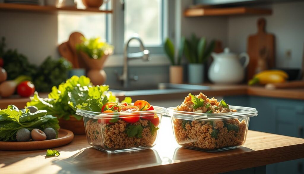 A cozy, minimal kitchen with wooden textures and light blue accents. On the countertop, an assortment of fresh, colorful ingredients are neatly arranged - leafy greens, vibrant vegetables, and gluten-free grains. Sunlight streams in through the window, casting a warm glow over the scene. A glass meal prep container filled with a hearty, nourishing gluten-free meal takes center stage, showcasing the delicious and healthy results of thoughtful meal planning. The atmosphere conveys a sense of calm, balance, and a celebration of wholesome, gluten-free culinary delights.