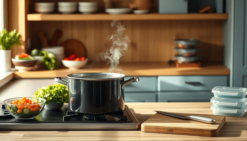 A cozy, minimal kitchen with wooden textures and light blue accents. On the countertop, various mise en place bowls containing chopped vegetables, herbs, and spices. In the foreground, a large stockpot simmers on the stove, emitting aromatic steam. Alongside it, a cutting board with a sharp knife and a stack of meal prep containers. The lighting is warm and natural, casting a soft glow over the scene. A clean, uncluttered space that invites efficiency and organization, embodying the fundamentals of batch cooking for busy periods.