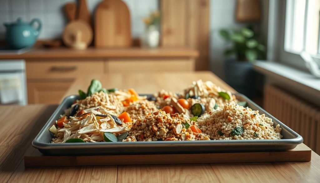 A cozy, minimal kitchen with wooden textures and light blue accents. On the sheet pan, an array of creatively repurposed leftovers - roasted vegetables, shredded chicken, and grains artfully combined into new, appetizing dishes. Soft, natural lighting illuminates the scene, highlighting the textural interplay and inviting the viewer to imagine the delicious flavors. The mood is one of culinary innovation and resourcefulness, with a sense of calm and simplicity. No hands are visible, allowing the focus to remain on the carefully composed, visually striking leftover transformations.
