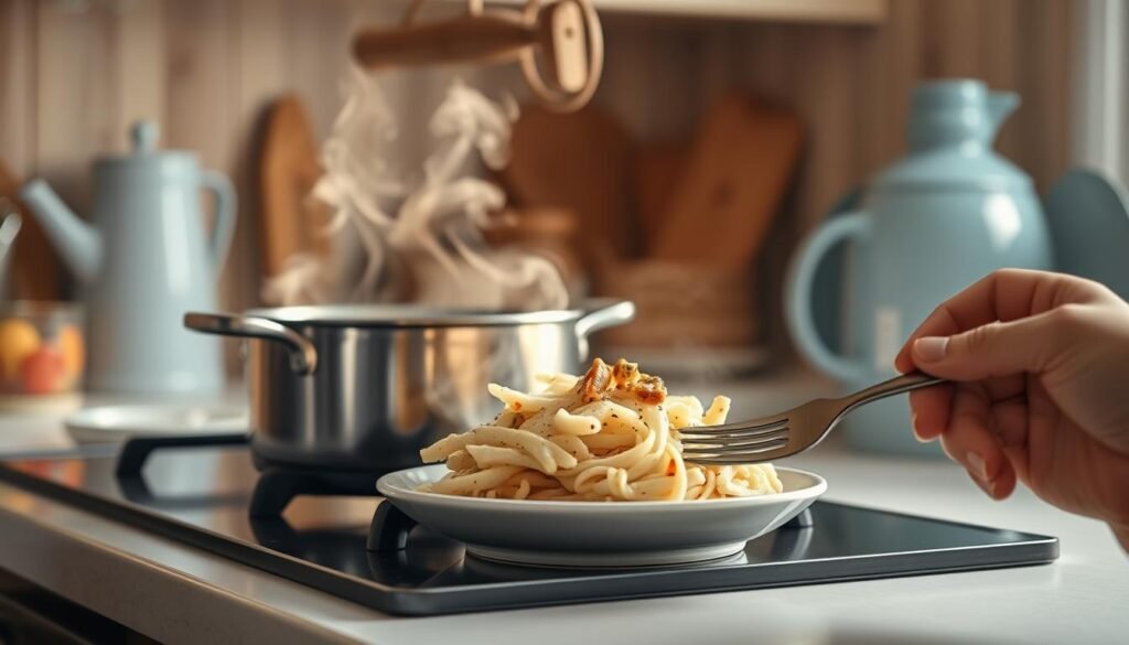 A cozy, minimal kitchen with wooden textures and light blue accents. On the stovetop, a simmering pot emits enticing aromas. Steam rises, gently caressing the surface of a reheated meal. The dish's texture, once flat and lifeless, now showcases a delicate interplay of soft and crisp elements. Subtle movements of a fork reveal the revitalized mouthfeel, the ingredients subtly transformed by the reheat process. Warm lighting casts a soft glow, inviting a sense of comfort and satisfaction. No hands present, the image focusing solely on the enhanced sensory experience of the reheated meal.