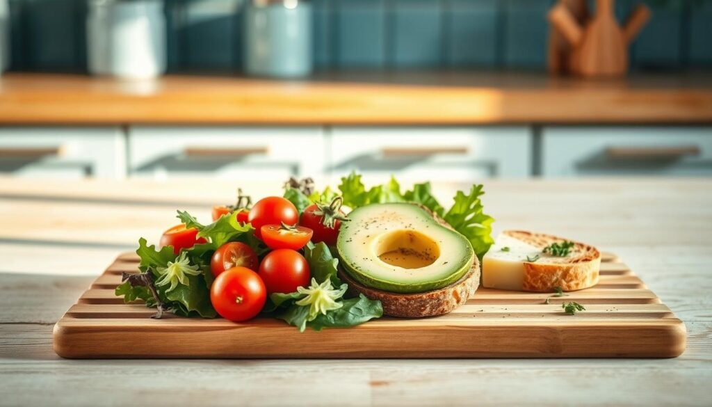 A cozy, minimalist kitchen backdrop with light blue accents and warm wooden textures. On a wooden slatted surface, a carefully curated selection of gourmet lunch essentials lays in an artful arrangement - crisp greens, ripe cherry tomatoes, creamy avocado, buttery toasted bread, a small wedge of tangy cheese, and a sprinkle of fresh herbs. The natural lighting casts a soft, inviting glow, highlighting the colors and textures of the ingredients. The composition conveys a sense of effortless sophistication, making this the perfect mise-en-scène for a refined cold lunch.
