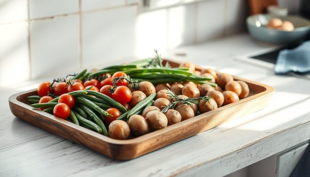 A cozy, minimalist kitchen bathed in soft light. On a wooden sheet pan, arrange a balanced selection of fresh vegetables - vibrant cherry tomatoes, crisp green beans, earthy baby potatoes, and fragrant sprigs of rosemary. The pan rests on a weathered kitchen counter, casting gentle shadows. Subtle blue accents, like a ceramic bowl or a towel, complement the natural tones. The scene conveys a sense of effortless culinary preparation, inviting the viewer to envision the efficient utilization of the oven for an energy-saving sheet pan dinner.
