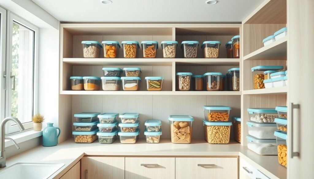 A cozy, minimalist kitchen bathed in soft, natural light. Rows of glass storage containers neatly arranged on sleek, light-colored wooden shelves, their contents frozen in time, ready for easy meal prep. Pops of light blue accent the clean, uncluttered space, creating a calming, organized atmosphere. The scene exudes efficiency and practicality, a visual representation of a well-designed batch cooking and freezer capacity management system.