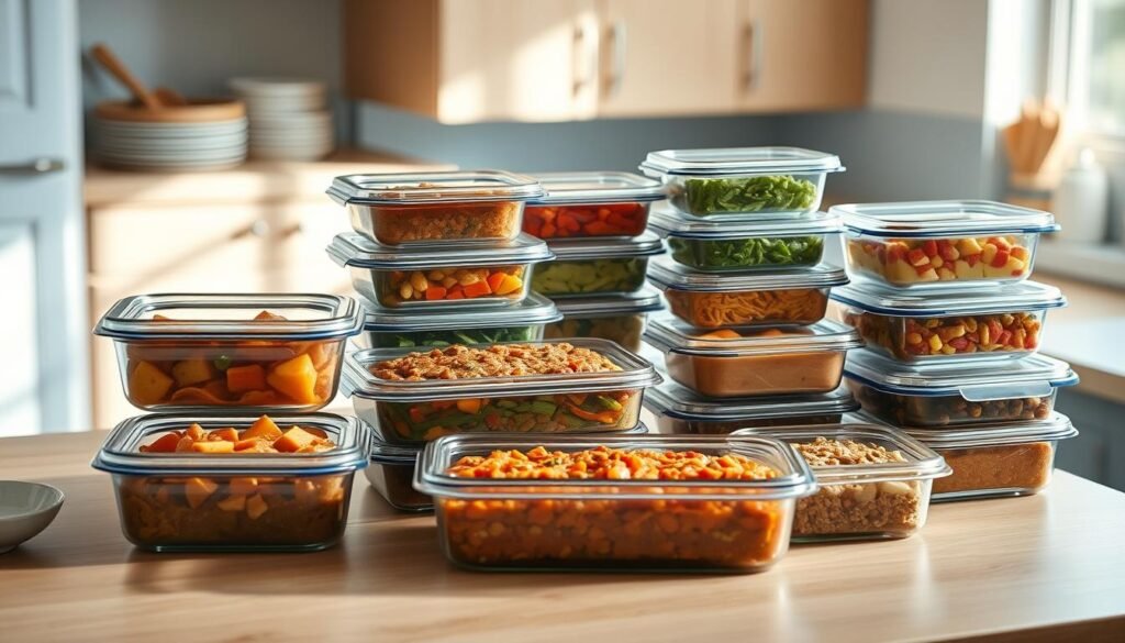 A cozy, minimalist kitchen bathed in soft, natural light. Smooth wooden surfaces and light blue accents create a calming ambiance. On the countertop, an array of neatly organized containers, each filled with a different homemade freezer meal - hearty stews, vibrant vegetable medleys, and savory casseroles. The containers are positioned artfully, their contents visible through transparent lids, enticing the viewer with their texture and color contrasts. The scene evokes a sense of intentional, efficient meal planning, where wholesome, flavorful dishes are prepared in advance to nourish a family.