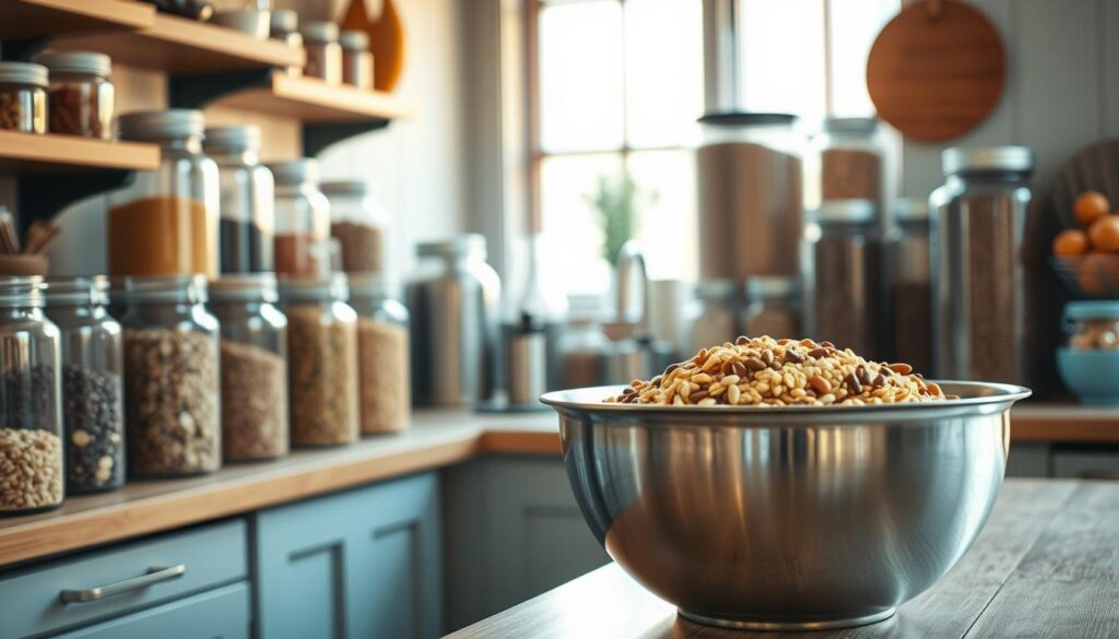 A cozy, minimalist kitchen bathed in warm light, wooden textures and light blue accents. Rows of clear glass jars and stainless steel canisters line the countertops, filled with an abundance of bulk ingredients - fragrant spices, whole grains, dried beans and legumes. A large stainless steel mixing bowl sits in the foreground, ready to receive the day's haul. The scene conveys a sense of organized abundance, inviting the viewer to envision the nourishing meals that will be crafted from these carefully curated ingredients.