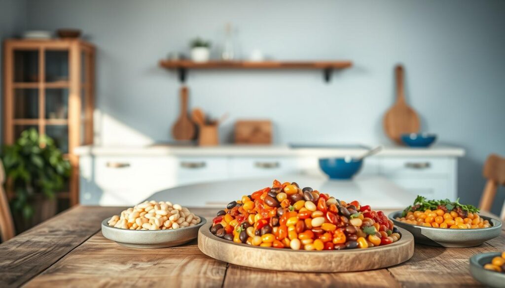A cozy, minimalist kitchen filled with natural light and wooden textures. In the foreground, an assortment of vegetarian bean recipes sits atop a rustic wooden table, their vibrant colors and textures inviting the viewer to explore. In the middle ground, a few simple kitchen utensils and a blue ceramic dish add pops of color, while the background features clean, light blue walls that create a calming, balanced atmosphere. The lighting is soft and diffused, highlighting the wholesome, nourishing nature of the bean-based dishes. The overall scene conveys a sense of simplicity, health, and comfort, perfectly suited for the 