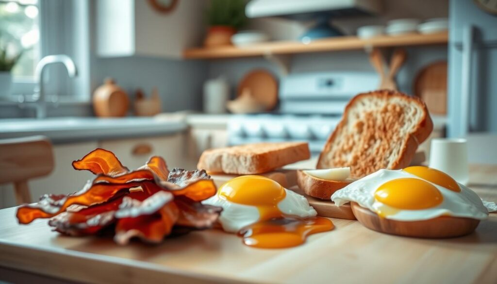 A cozy, minimalist kitchen filled with warm wooden textures and light blue accents. On the counter, an arrangement of various breakfast items - crispy bacon, golden-brown toast, fluffy eggs, and a drizzle of rich maple syrup. The lighting is soft and diffused, casting a gentle glow on the scene. The camera captures the textures in close-up, highlighting the tactile qualities of each element - the crunch of the bacon, the plush softness of the eggs, and the toasted crumb of the bread. The overall atmosphere is one of comforting simplicity, inviting the viewer to savor the textures and flavors of a perfect morning meal.