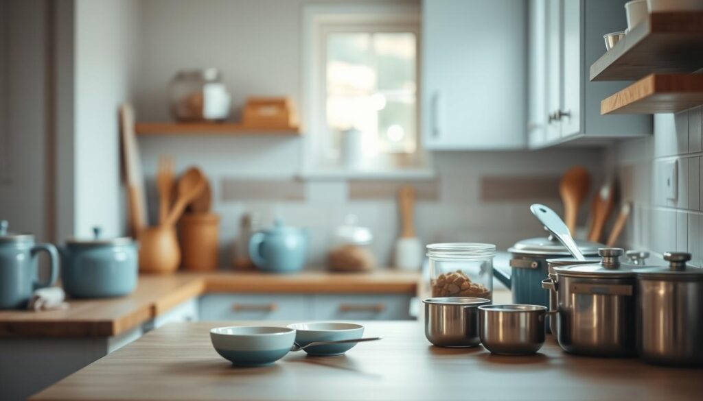 A cozy, minimalist kitchen filled with wooden textures and light blue accents. Neatly arranged containers, measuring cups, and cooking utensils sit on a kitchen counter, hinting at a methodical approach to batch cooking. The scene conveys a sense of organization and intentionality, with a focus on nutrition and a balanced diet. Soft, warm lighting illuminates the space, creating a calming atmosphere. The image captures the essence of 