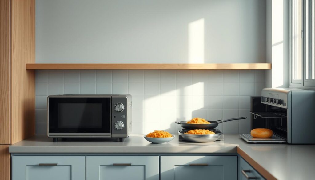 A cozy, minimalist kitchen in shades of light blue, with wooden textures and clean lines. On the countertop, four different reheating methods are displayed: a microwave, a toaster oven, a stovetop pan, and a convection oven. Each method is presented with a clean, well-lit setup, showcasing the unique texture and quality of the reheated dish. The lighting is soft and natural, highlighting the nuances of each reheating technique. The overall atmosphere is one of thoughtful exploration, inviting the viewer to compare and consider the best approach for preserving the texture and flavor of their 