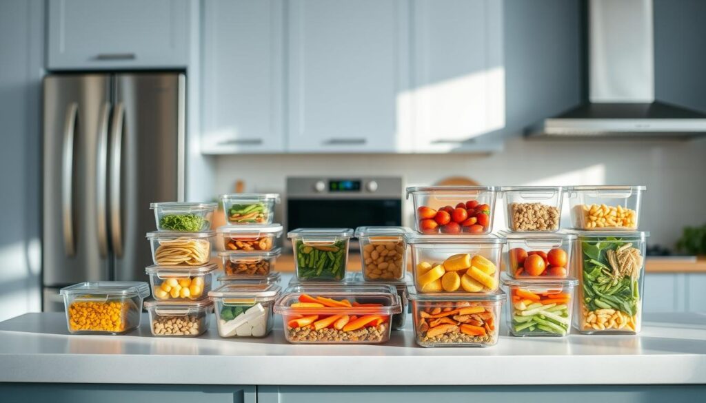A cozy, minimalist kitchen in soothing shades of light blue and warm wood tones. On the counter, a variety of neatly organized glass containers filled with freshly prepared meals, ready to be frozen for future convenience. Elegant yet practical stainless steel appliances complement the clean, inviting atmosphere. Soft, diffused lighting casts a gentle glow, highlighting the efficiency and intentionality of the meal prep setup. The scene conveys a sense of control, simplicity, and a thoughtful approach to time-saving culinary organization.