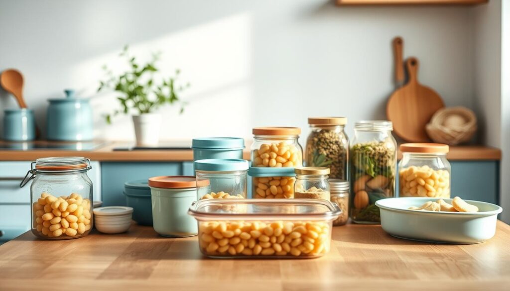 A cozy, minimalist kitchen scene with a wooden table and light blue accents. On the tabletop, various food storage containers and jars are neatly arranged, showcasing best practices for safe food storage. The scene is bathed in soft, natural lighting, creating a warm and inviting atmosphere. In the background, simple kitchen utensils and a potted plant add to the serene, uncluttered ambiance. The composition emphasizes the importance of proper food handling and storage for maintaining quality and safety when reheating family meals.