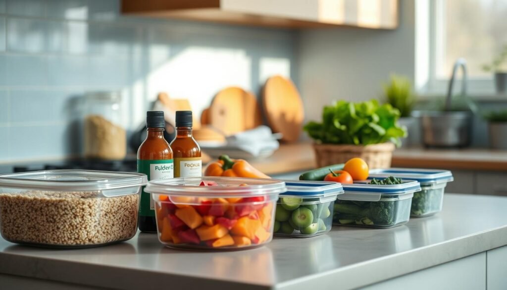 A cozy, minimalist kitchen with a light blue backsplash and wooden accents. On the countertop, a variety of gluten-free ingredients and containers for meal prep - quinoa, vegetables, GF sauces, and clean eating containers. Soft, natural lighting illuminates the scene, creating a warm, inviting atmosphere. The arrangement showcases the care and attention given to crafting delicious, celiac-safe family meals. A sense of organization and thoughtfulness pervades the composition, reflecting the importance of gluten-free dining for celiac safety.