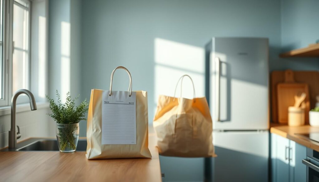 A cozy, minimalist kitchen with a light blue color scheme and warm wooden textures. On the countertop, a neatly organized grocery list and reusable shopping bags stand ready. A sleek, modern refrigerator and a sprig of fresh herbs add natural accents. The scene conveys a sense of calm and efficiency, setting the stage for stress-free and time-saving grocery shopping. Diffuse natural lighting illuminates the space, capturing the serene atmosphere. A wide-angle lens provides a comprehensive view of the organized, inviting kitchen, ready to support the seamless batch cooking process.