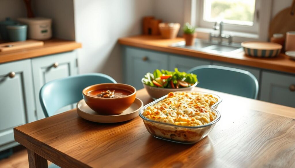 A cozy, minimalist kitchen with a warm, wooden table, light blue accents, and natural light filtering in. On the table, a variety of healthy, work-from-home meal options - a hearty soup, a fresh salad, and a warm, comforting casserole. The dishes are arranged thoughtfully, showcasing their textures and flavors. The scene exudes a sense of calm and efficiency, inviting the viewer to consider ways to adapt their reheating strategies for a busy, work-from-home lifestyle.