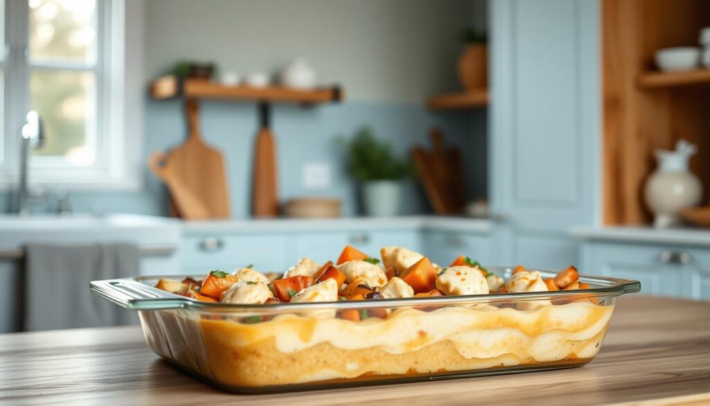 A cozy, minimalist kitchen with light blue accents and warm wooden textures serves as the backdrop for a delectable freezer-friendly chicken casserole. The casserole dish, filled with tender chicken, creamy sauce, and roasted vegetables, takes center stage, bathed in soft, diffused lighting that accentuates its inviting golden-brown hue. The scene exudes a sense of homely comfort and ease, hinting at the effortless preparation and make-ahead convenience of this nourishing family meal.