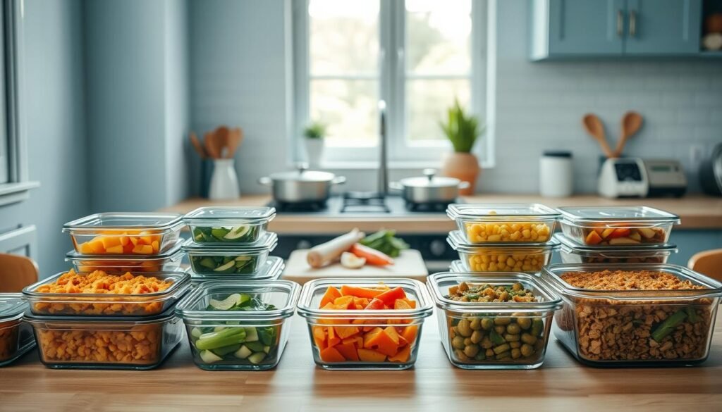 A cozy, minimalist kitchen with light blue accents and warm wooden textures sets the stage. In the foreground, a collection of neatly arranged glass containers and casserole dishes stand ready, filled with delicious home-cooked meals. The middle ground showcases a cutting board with chopped vegetables, a simmering pot on the stove, and a few kitchen utensils, hinting at the preparation process. The background features a window, allowing natural light to gently filter in, creating a serene and inviting atmosphere. The overall scene conveys the benefits of batch cooking - the efficiency, the convenience, and the joy of nourishing one's family with wholesome, homemade meals.